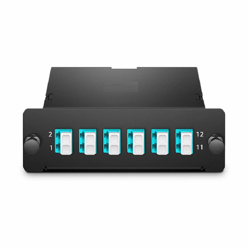 FHD™ MTP®-LC Cassette, OM4 Multimode, Universal, 12 Fibers, MTP®-12 (Male) to 6 x LC Duplex (Aqua), 0.35dB Max.