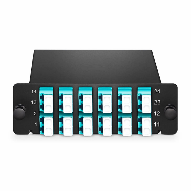 FHD™ LC Splice Cassette with Pigtails, 24 Fibers OM4 Multimode,12 x LC UPC Duplex (Aqua), 0.3dB Max.