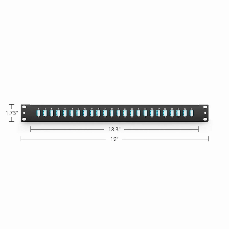 FHU™ 1U 19'' Fiber Adapter Panel, 48 Fibers OM4 Multimode, 24 x LC UPC Duplex (Aqua) Adapter, Ceramic Sleeve