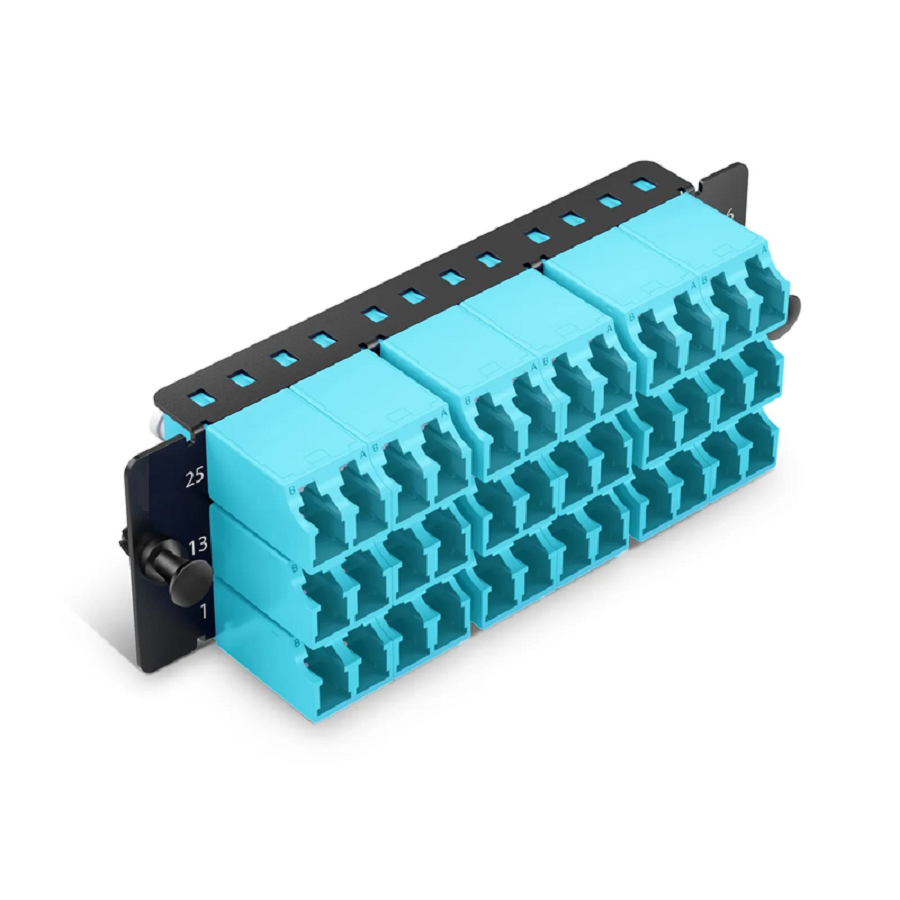 FHD™ Fiber Adapter Panel, 36 Fibers OM4 Multimode, 18 x Shuttered LC UPC Duplex (Aqua) Adapter, Ceramic Sleeve