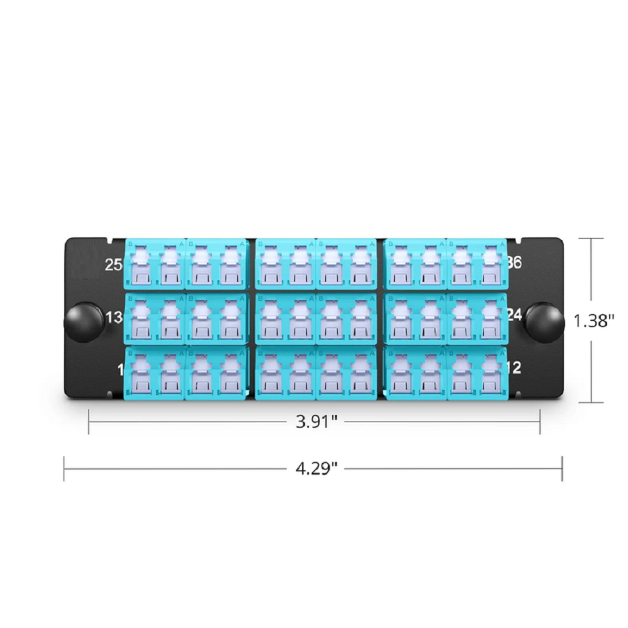 FHD™ Fiber Adapter Panel, 36 Fibers OM4 Multimode, 18 x Shuttered LC UPC Duplex (Aqua) Adapter, Ceramic Sleeve