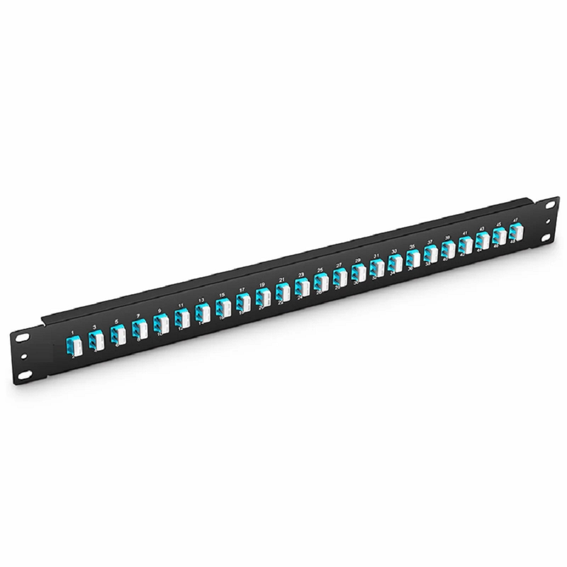 FHU™ 1U 19'' Fiber Adapter Panel, 48 Fibers OM4 Multimode, 24 x LC UPC Duplex (Aqua) Adapter, Ceramic Sleeve