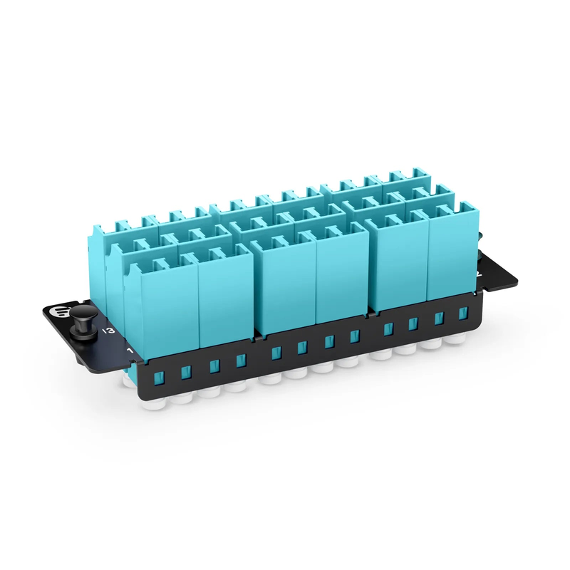FHD™ Fiber Adapter Panel, 36 Fibers OM4 Multimode, 18 x Shuttered LC UPC Duplex (Aqua) Adapter, Ceramic Sleeve