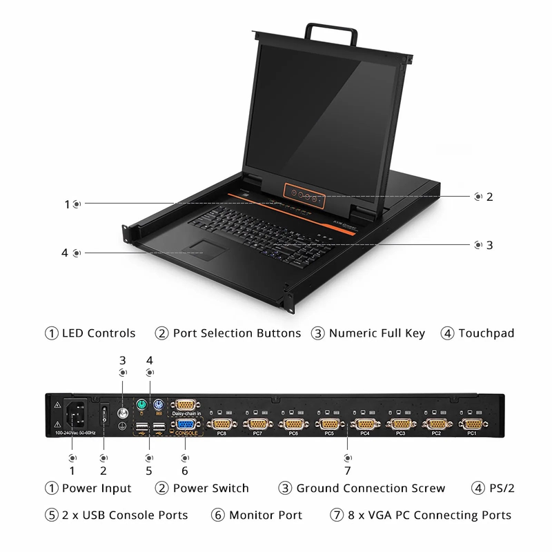 8-Port x1 User VGA 1U Rack-Mount USB KVM Switch with 19" LED, 8 x VGA Cables Included