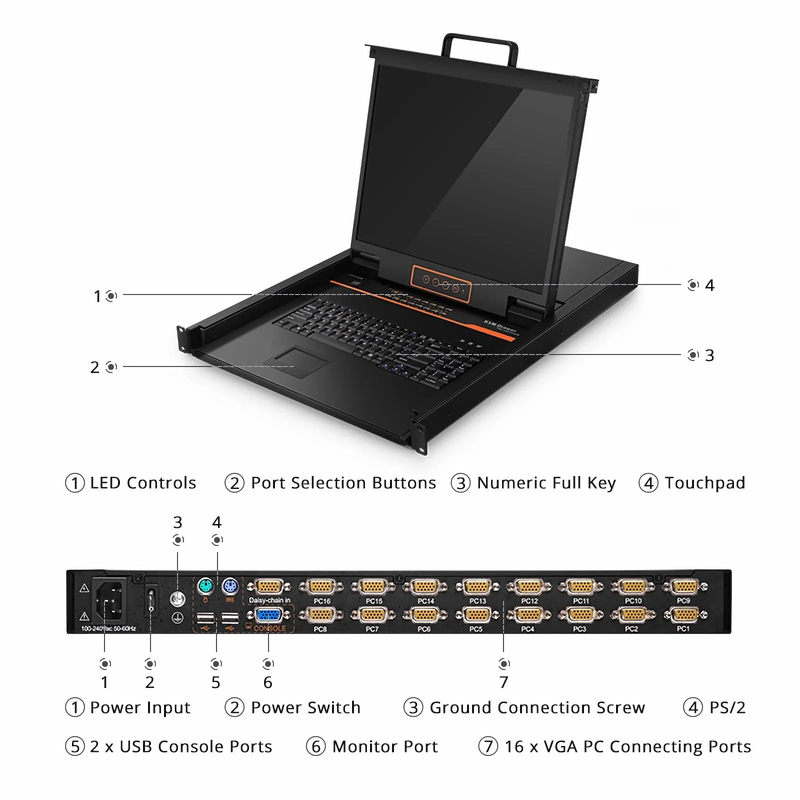 16-Port VGA 1U Rack-Mount KVM Switch with 19" LED, 16 x VGA Cables Included