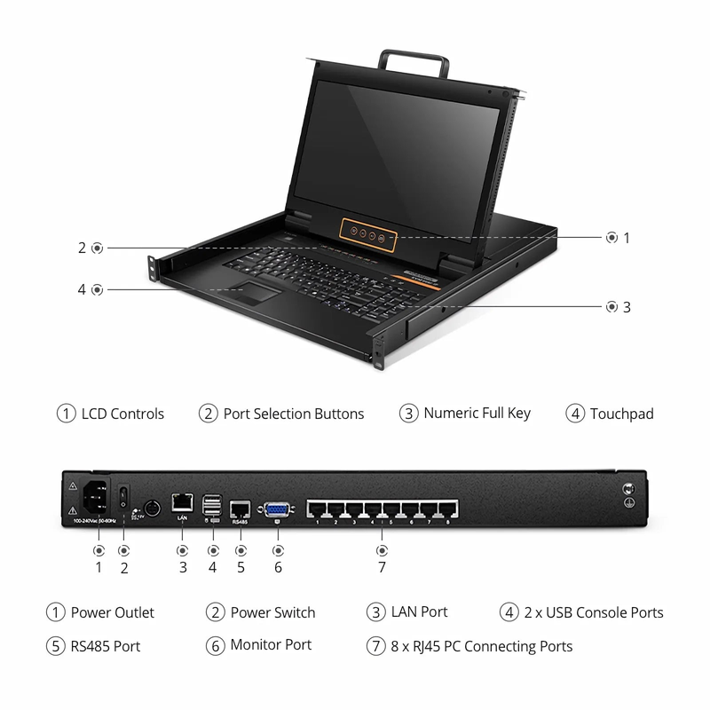 8-Port Cat5 1U Rack-Mount KVM Over IP Switch with 17" Full HD LCD, 8 x RJ45 to VGA Interface Modules Included