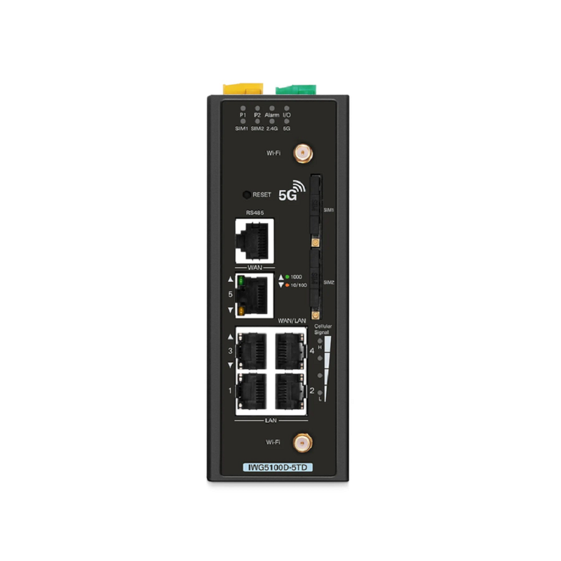 IWG5100D-5TD, 5-Port Gigabit Ethernet Industrial 5G NR Cellular Wireless Gateway, with 5 x 10/100/1000BASE-T RJ45, 3 LAN Ports, 1 LAN/WAN Port, 1 WAN Port, Support Dual-SIM and IPSec VPN