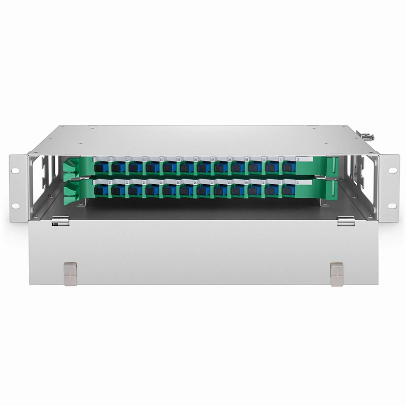 2U Rack Mount Fiber Optic Distribution Panel, 24 Fibers OS2 Single Mode, 24 x SC UPC Simplex (Blue) Adapter