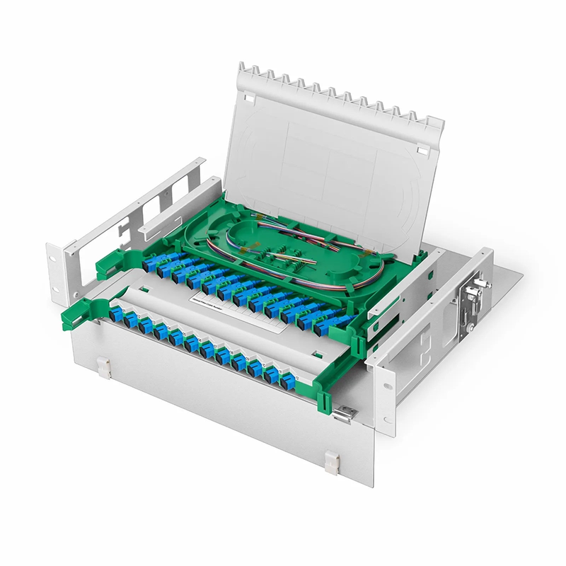 2U Rack Mount Fiber Optic Distribution Panel, 24 Fibers OS2 Single Mode, 24 x SC UPC Simplex (Blue) Adapter