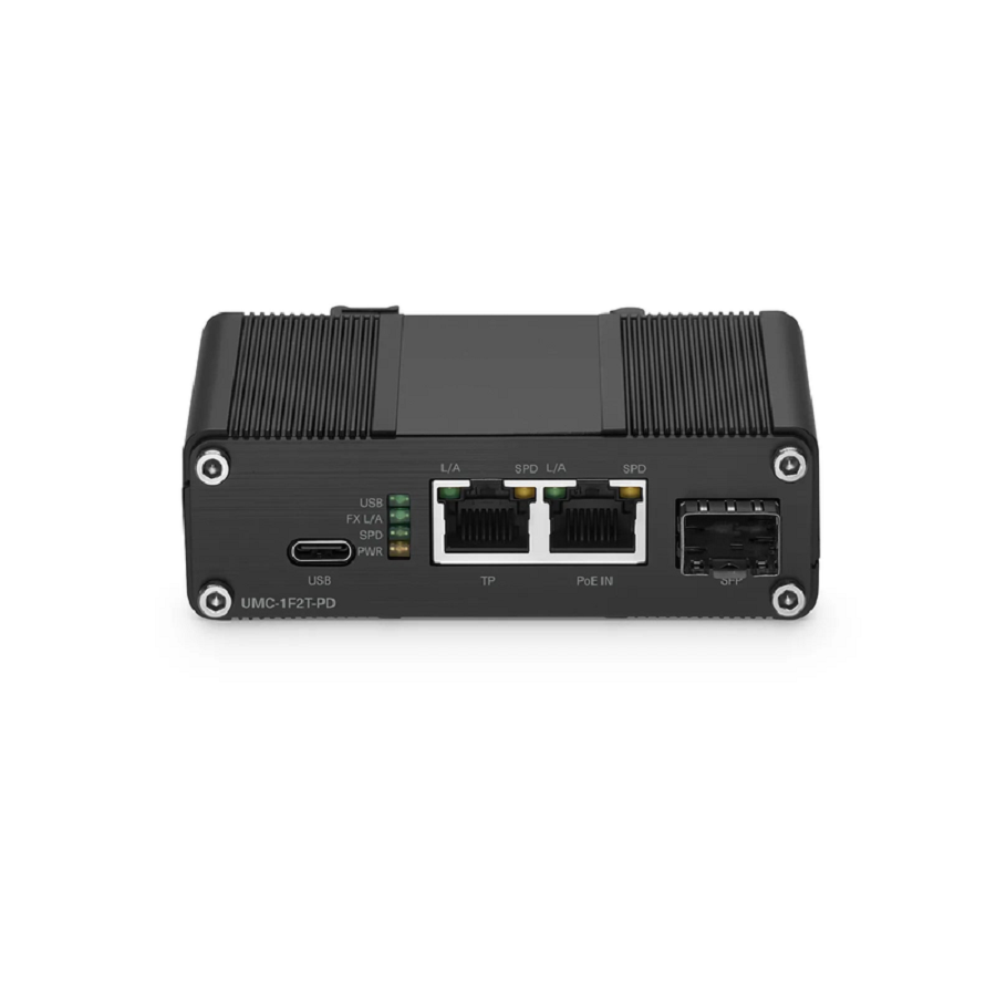 Unmanaged 2 x 10/100/1000Base-T RJ45 to 1 x 100/1000Base-X SFP Gigabit Ethernet PoE+ PD with USB DC Output Media Converter