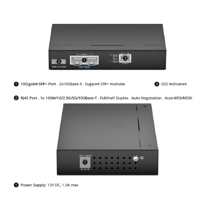Managed 1x 100M/1G/2.5G/5G/10GBase-T RJ45 to 2x 10GBase-X SFP+ 10Gigabit Ethernet Media Converter, American Plug Standard
