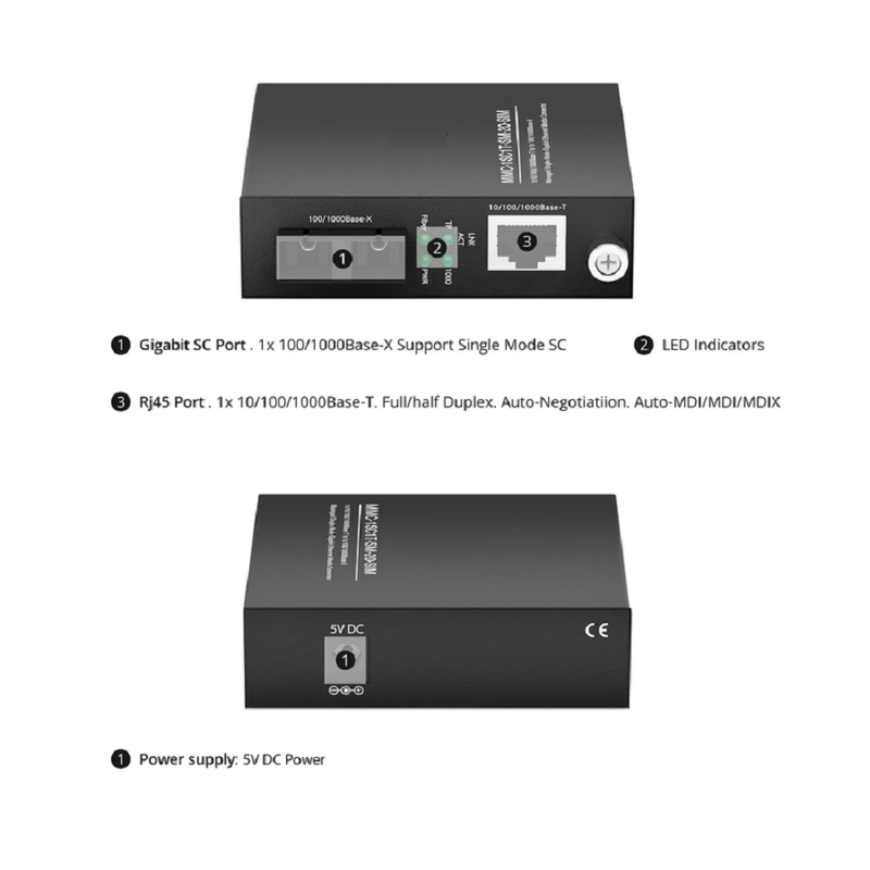 Managed 1x 10/100/1000Base-T RJ45 to 1x 100/1000Base-X Single Mode Duplex SC 1310nm 20km Gigabit Ethernet Media Converter, Slide-in Module, American Plug Standard