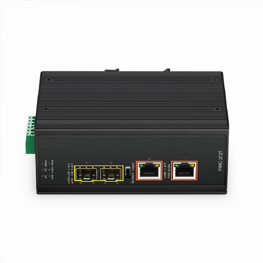 Industrial Unmanaged 2x 10/100/1000Base-T RJ45 to 2x 100/1000Base-X SFP Gigabit PoE++ Ethernet Media Converter