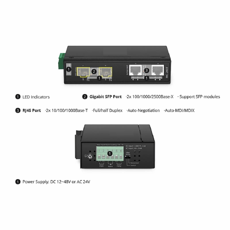 Industrial 1x 100M/1G/2.5G/5G/10GBase-T RJ45 to 1x 10GBase-X SFP+ 10Gigabit Ethernet Media Converter