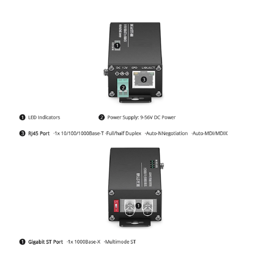 Mini Industrial 1x 10/100/1000Base-T RJ45 to 1x 1000Base-X Multimode ST 850nm 550m Gigabit Ethernet Media Converter, American Plug Standard