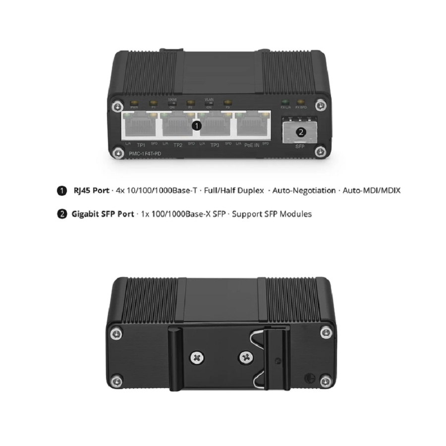 Unmanaged 4 x 10/100/1000Base-T RJ45 to 1 x 100/1000Base-X SFP Gigabit Ethernet PoE++ with PSE and PD Media Converter