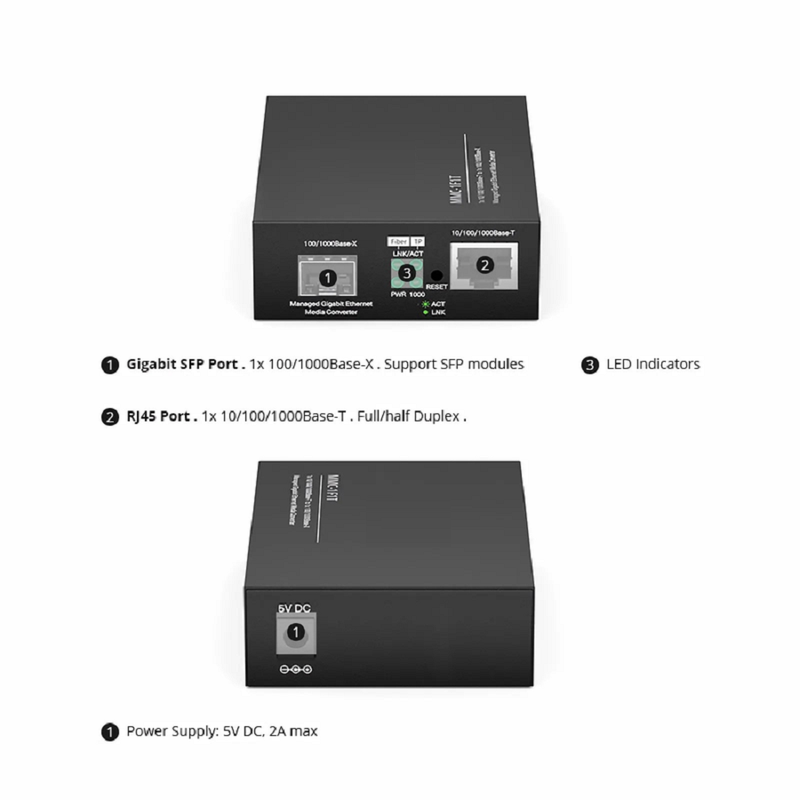 Managed 1x 10/100/1000Base-T RJ45 to 1x 100/1000Base-X SFP Gigabit Ethernet Media Converter, American Plug Standard