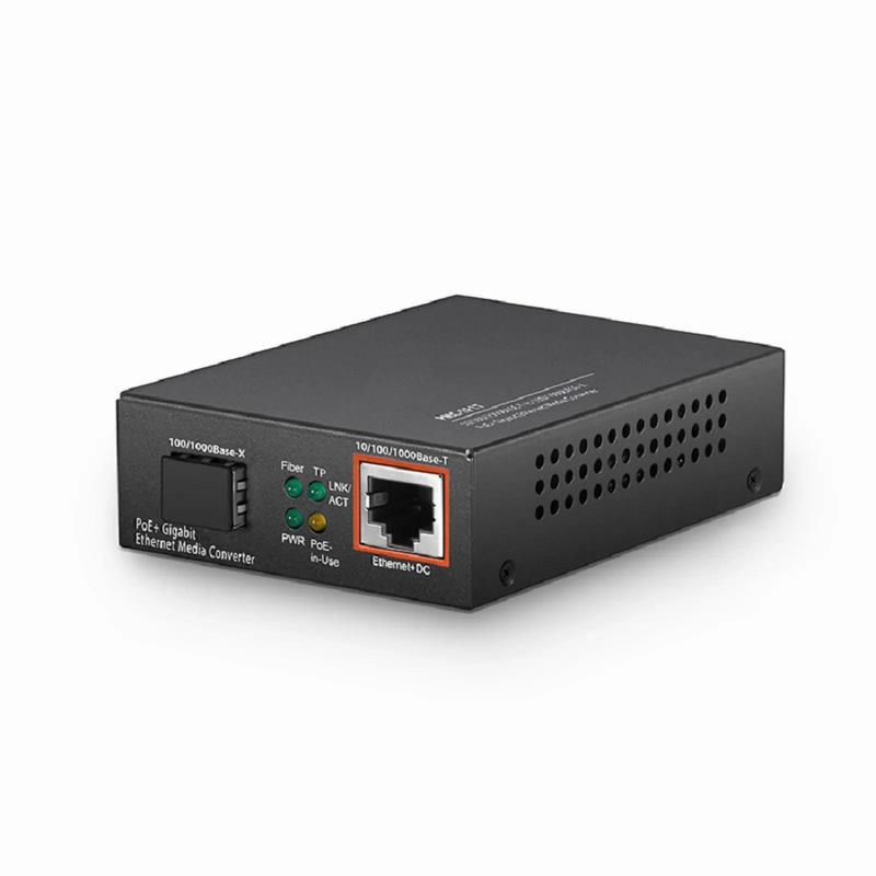 Unmanaged 1x 10/100/1000Base-T RJ45 to 1x 100/1000Base-X SFP Gigabit Ethernet PoE+ Media Converter, American Plug Standard