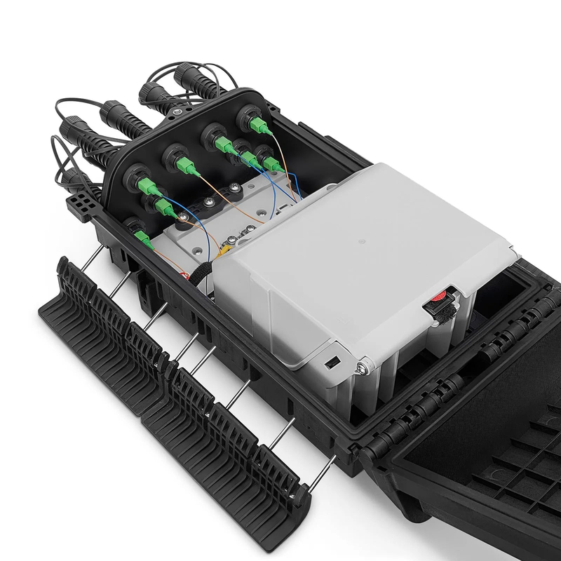 Universal Pre-Terminated Hub Box for Quick ODN, 1 Uncut Port, 8 SC/APC Adapters, Mechanical Seal, Supports 1:2/1:4/1:8 Mini Splitters, PP+GF, IP65, Wall/Pole/Aerial Mount, Indoor/Outdoor