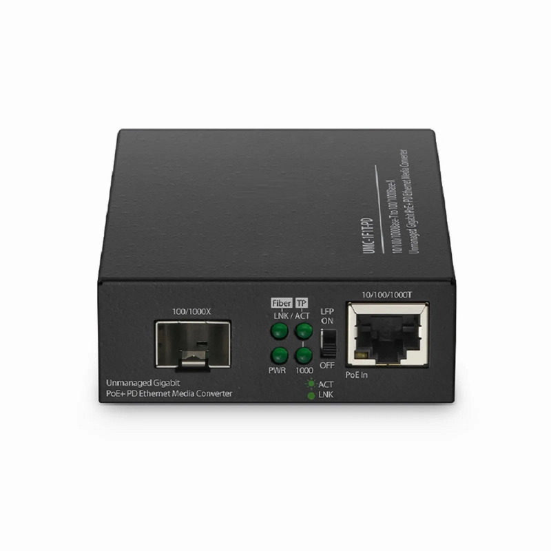 Unmanaged 1x 10/100/1000Base-T RJ45 to 1x 100/1000Base-X SFP Gigabit Ethernet PoE+ PD Media Converter