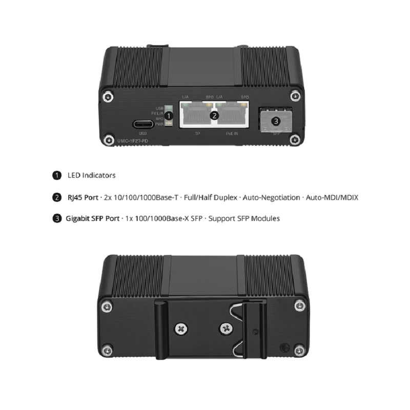 Unmanaged 2 x 10/100/1000Base-T RJ45 to 1 x 100/1000Base-X SFP Gigabit Ethernet PoE+ PD with USB DC Output Media Converter