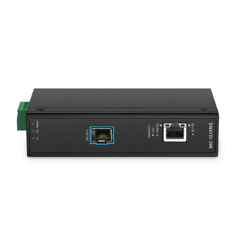 Industrial 1x 100M/1G/2.5G/5G/10GBase-T RJ45 to 1x 10GBase-X SFP+ 10Gigabit Ethernet Media Converter