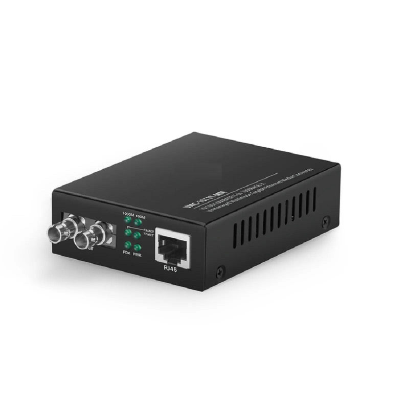 Unmanaged 1x 10/100/1000Base-T RJ45 to 1x 1000Base-X Multimode ST 850nm 220/550m Gigabit Ethernet Media Converter, British Plug Standard