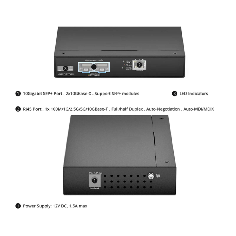 Managed 1x 100M/1G/2.5G/5G/10GBase-T RJ45 to 2x 10GBase-X SFP+ 10Gigabit Ethernet Media Converter, American Plug Standard