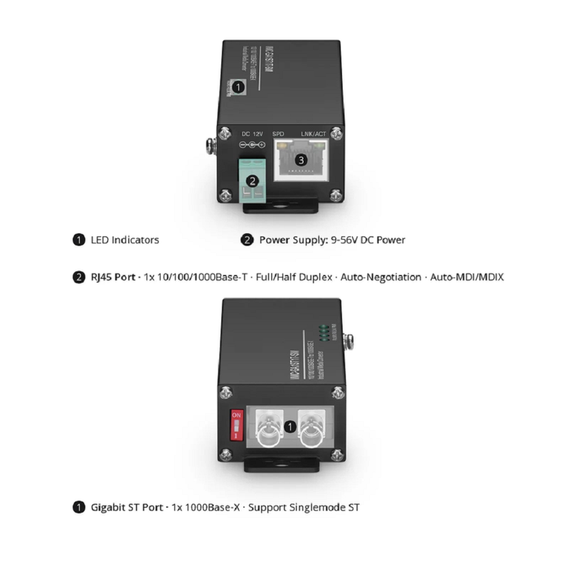 Mini Industrial Unmanaged 1x 10/100/1000Base-T RJ45 to 1x 1000Base-X Single Mode ST 1310nm 20km Gigabit Ethernet Media Converter, British Plug Standard