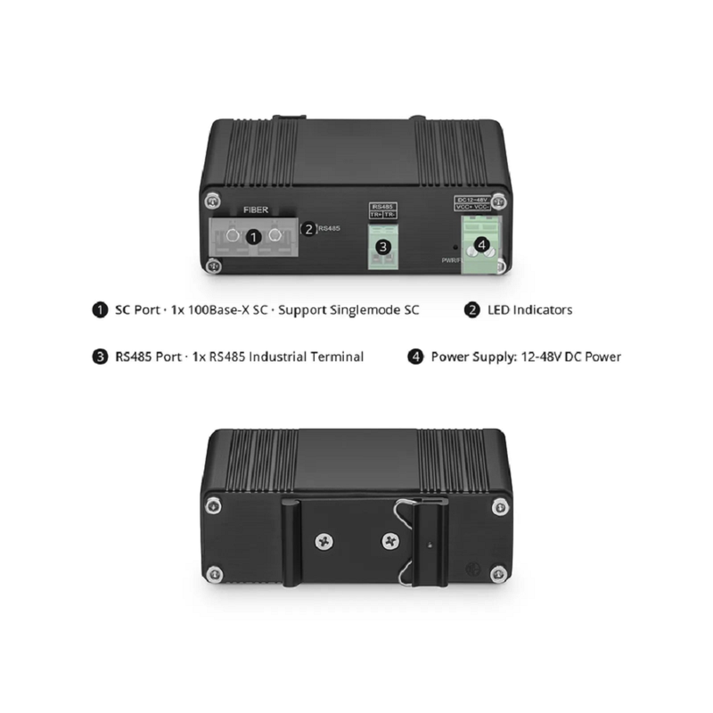 Industrial Unmanaged 1 x RS485 2-Wire to 1 x 100Base-X Single Mode SC 1310nm 20km Ethernet Media Converter