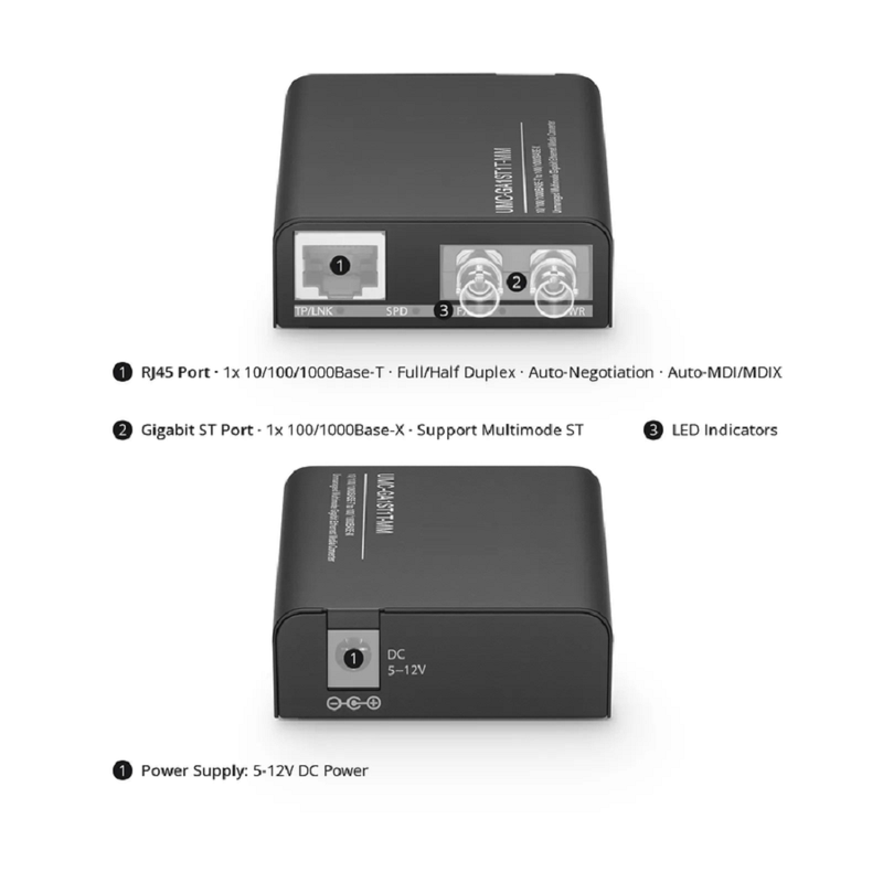 Mini Unmanaged 1x 10/100/1000Base-T RJ45 to 1x 100/1000Base-X Multimode ST 850nm 220/550m Gigabit Ethernet Media Converter, American Plug Standard