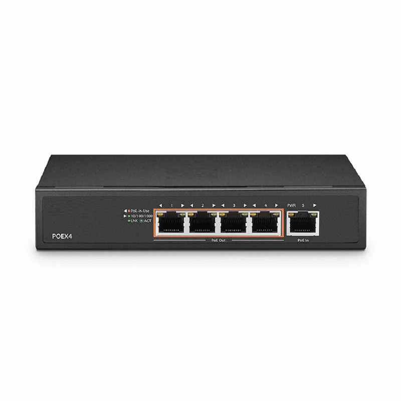 5 Ports 10/100/1000M Gigabit PoE+ Extender, 1 in 4 out, Desktop/Wall mountable, IEEE 802.3at/802.3af, 0 to 50°C