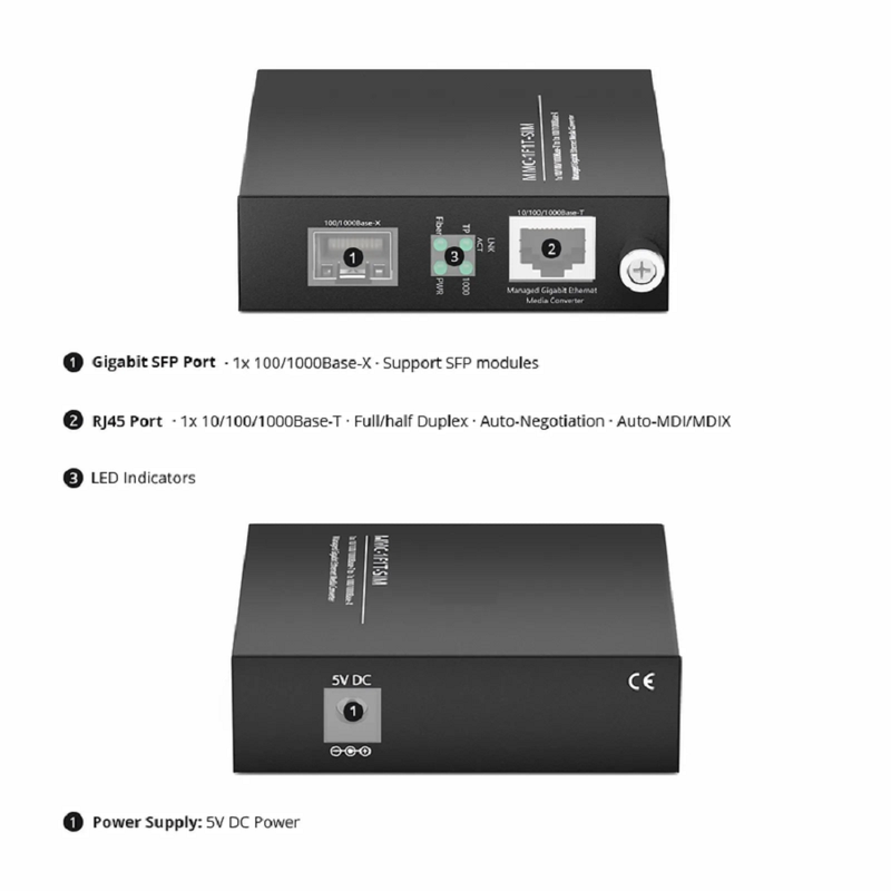 Managed 1x 10/100/1000Base-T RJ45 to 1x 100/1000Base-X SFP Gigabit Ethernet Media Converter, Slide-in Module, American Plug Standard