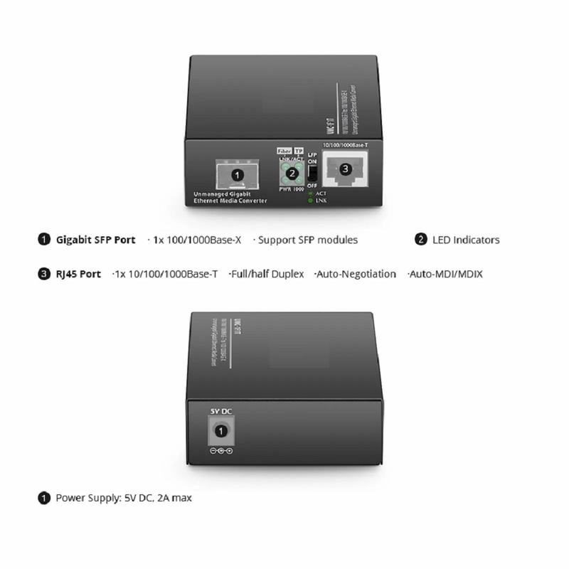 Unmanaged 1x 10/100/1000Base-T RJ45 to 1x 100/1000Base-X SFP Gigabit Ethernet Media Converter, American Plug Standard