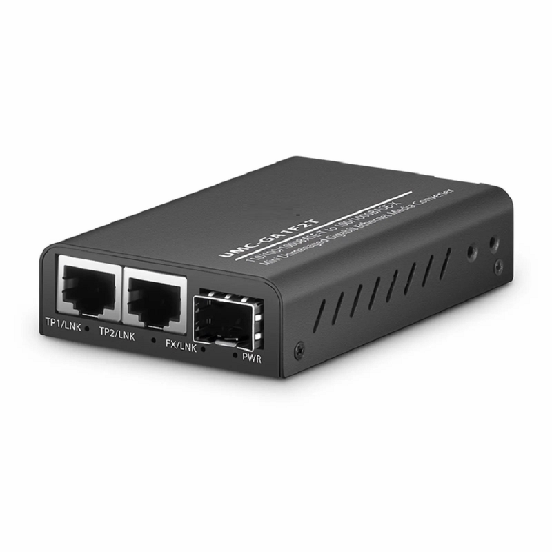Mini Unmanaged 2x 10/100/1000Base-T RJ45 to 1x 1000Base-X SFP Gigabit Ethernet Media Converter, European Plug standard
