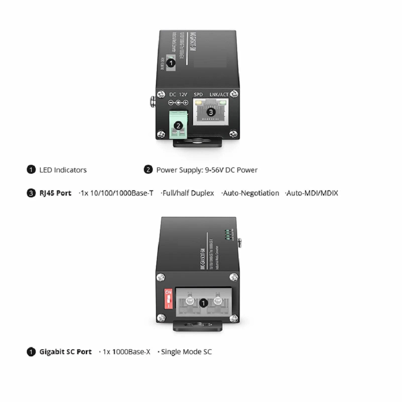 Mini Industrial 1x 10/100/1000Base-T RJ45 to 1x 1000Base-X Multimode SC 850nm 220/550m Gigabit Ethernet Media Converter, American Plug Standard