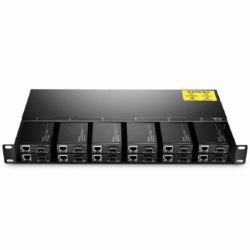 12 10/100M and 10/100/1000M Mini Media Converter Chassis, 1U Rack Mount, Dual Power AC 220V