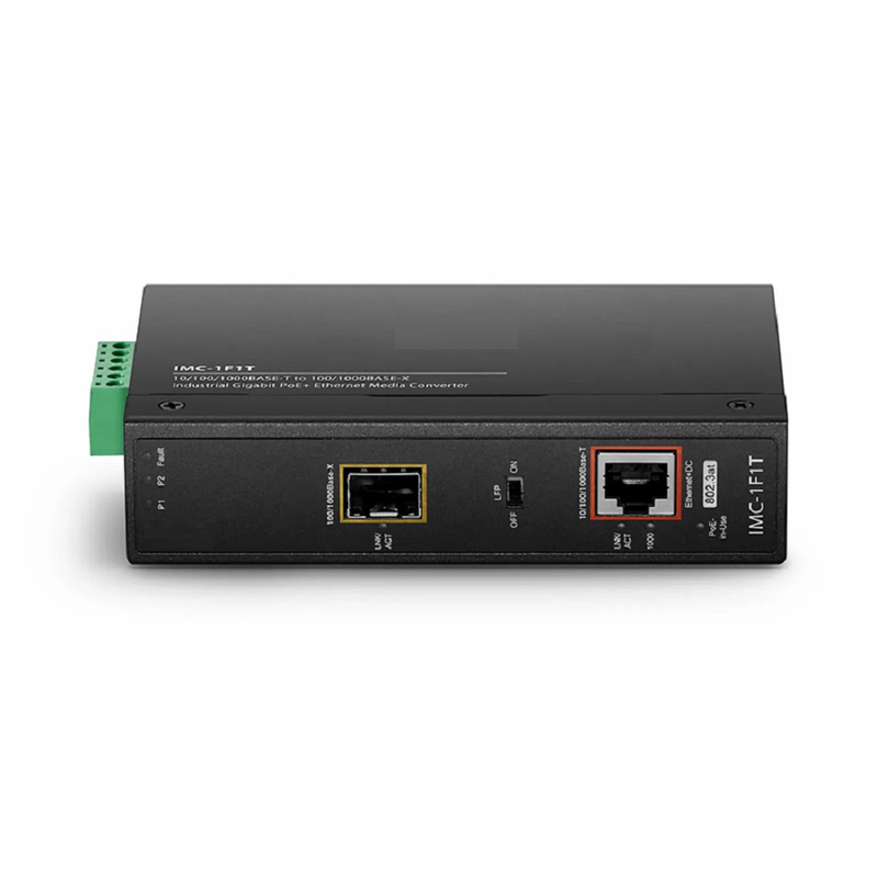 Industrial Unmanaged 1x 10/100/1000Base-T RJ45 to 1x 100/1000Base-X SFP Gigabit PoE+ Ethernet Media Converter