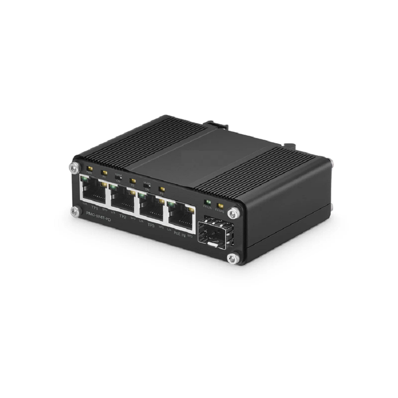 Unmanaged 4 x 10/100/1000Base-T RJ45 to 1 x 100/1000Base-X SFP Gigabit Ethernet PoE++ with PSE and PD Media Converter