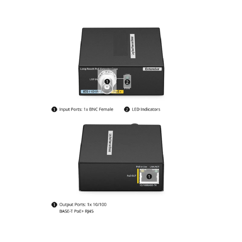 IES1101W-2PD, 1-Port 10/100M Fast Ethernet Long Reach PoE over Coaxial Extender, 1 x BNC Female Input to 1 x PoE+ Output, -20 to 70°C Operating Temperature