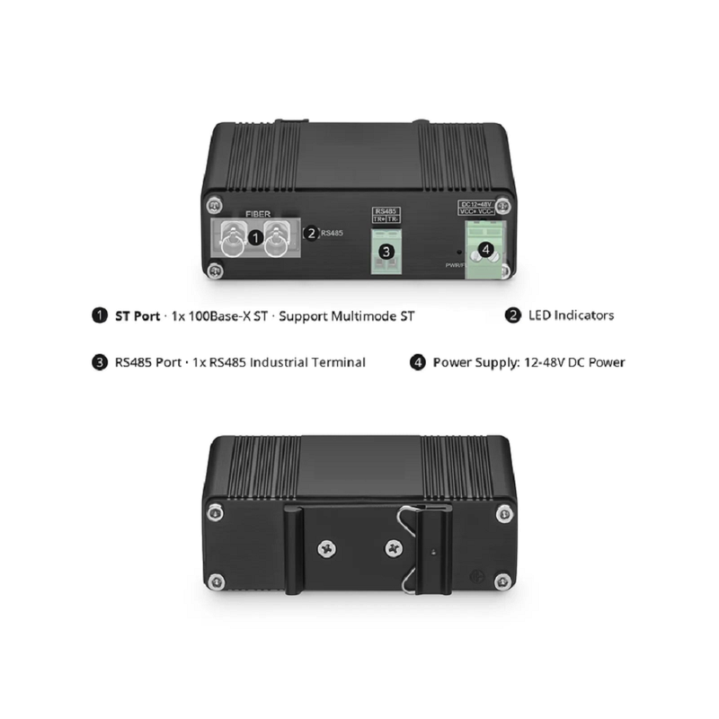Industrial Unmanaged 1 x RS485 2-Wire to 1 x 100Base-X Single Mode ST 1310nm 20km Ethernet Media Converter