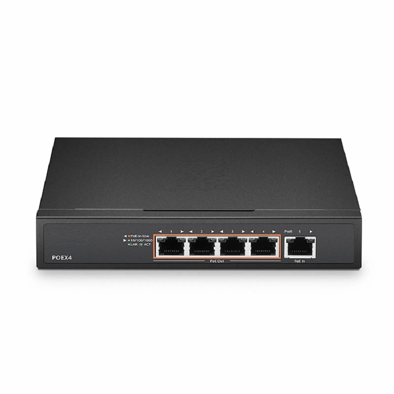 5 Ports 10/100/1000M Gigabit PoE+ Extender, 1 in 4 out, Desktop/Wall mountable, IEEE 802.3at/802.3af, 0 to 50°C