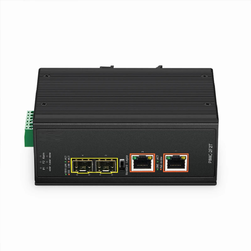 Industrial Unmanaged 2x 10/100/1000Base-T RJ45 to 2x 100/1000Base-X SFP Gigabit PoE++ Ethernet Media Converter
