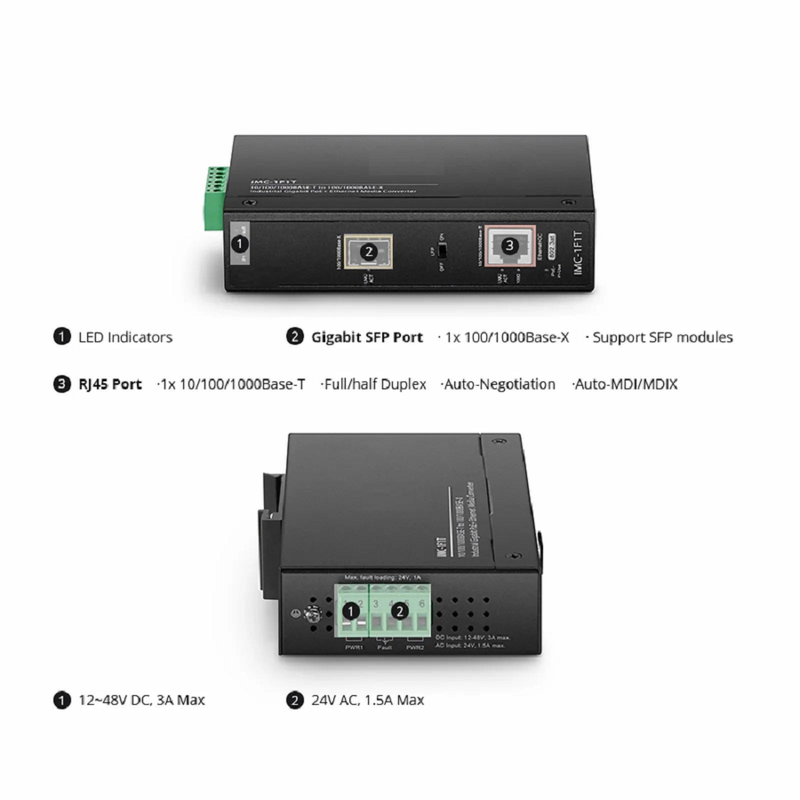 Industrial Unmanaged 1x 10/100/1000Base-T RJ45 to 1x 100/1000Base-X SFP Gigabit PoE+ Ethernet Media Converter