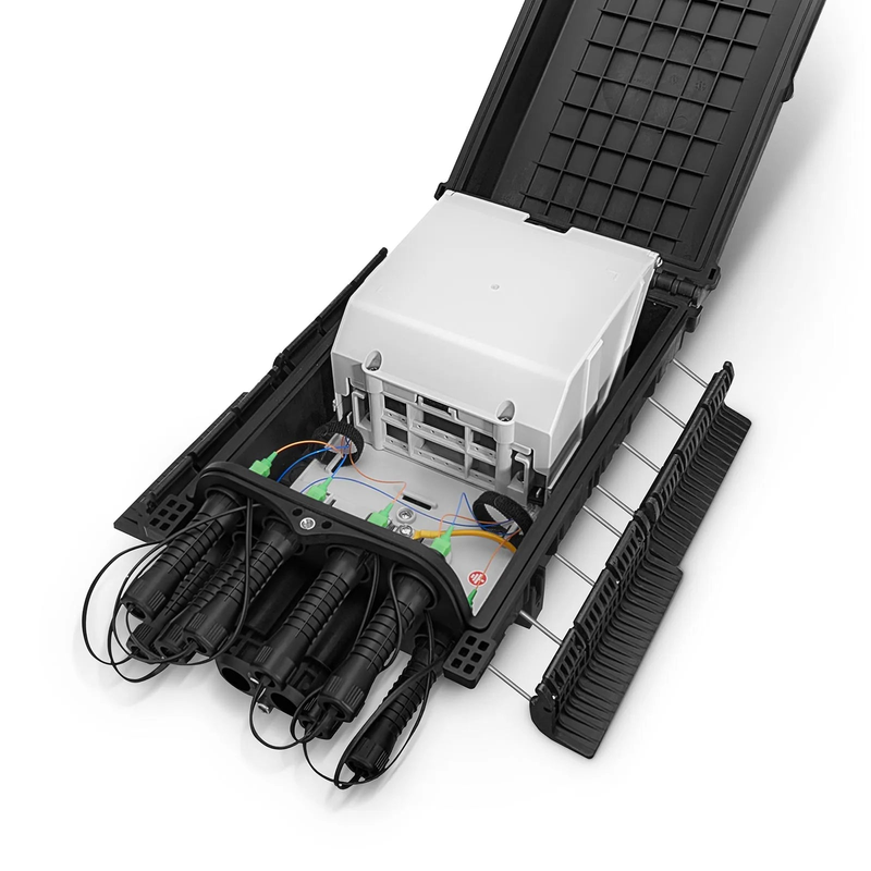 Universal Pre-Terminated Hub Box for Quick ODN, 1 Uncut Port, 8 SC/APC Adapters, Mechanical Seal, Supports 1:2/1:4/1:8 Mini Splitters, PP+GF, IP65, Wall/Pole/Aerial Mount, Indoor/Outdoor