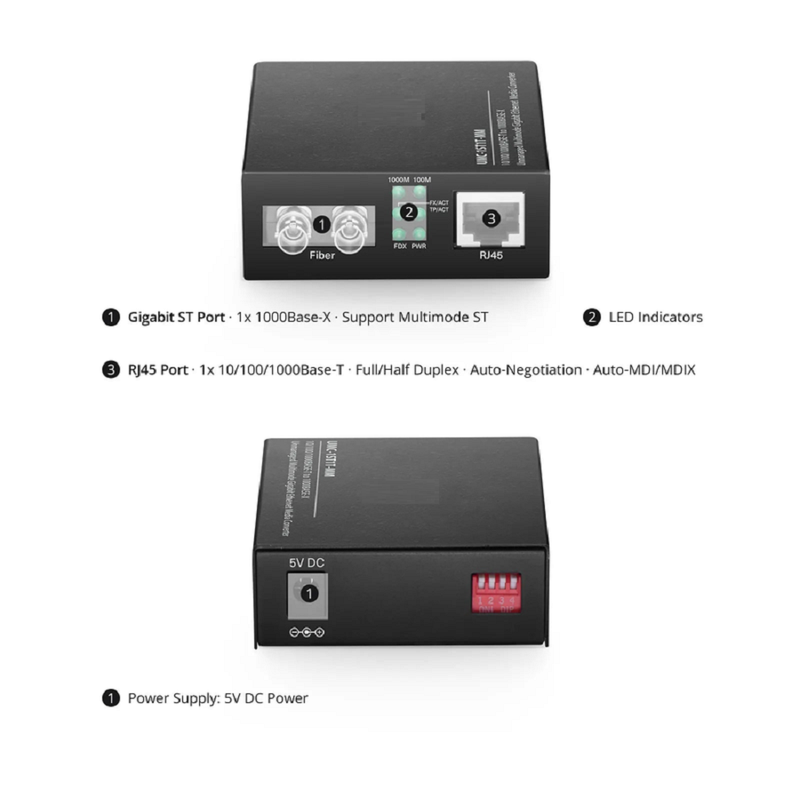 Unmanaged 1x 10/100/1000Base-T RJ45 to 1x 1000Base-X Single Mode ST 1310nm 20km Gigabit Ethernet Media Converter, American Plug Standard