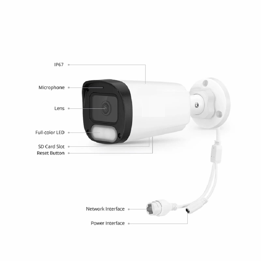 IPC201-FC-4M-B Bullet Camera, with Fixed 2.8mm Lens, 4MP Resolution, Built-in Mic, 98ft Color Night Vision, Smart Person/Vehicle Detection, IP67 PoE Network Camera
