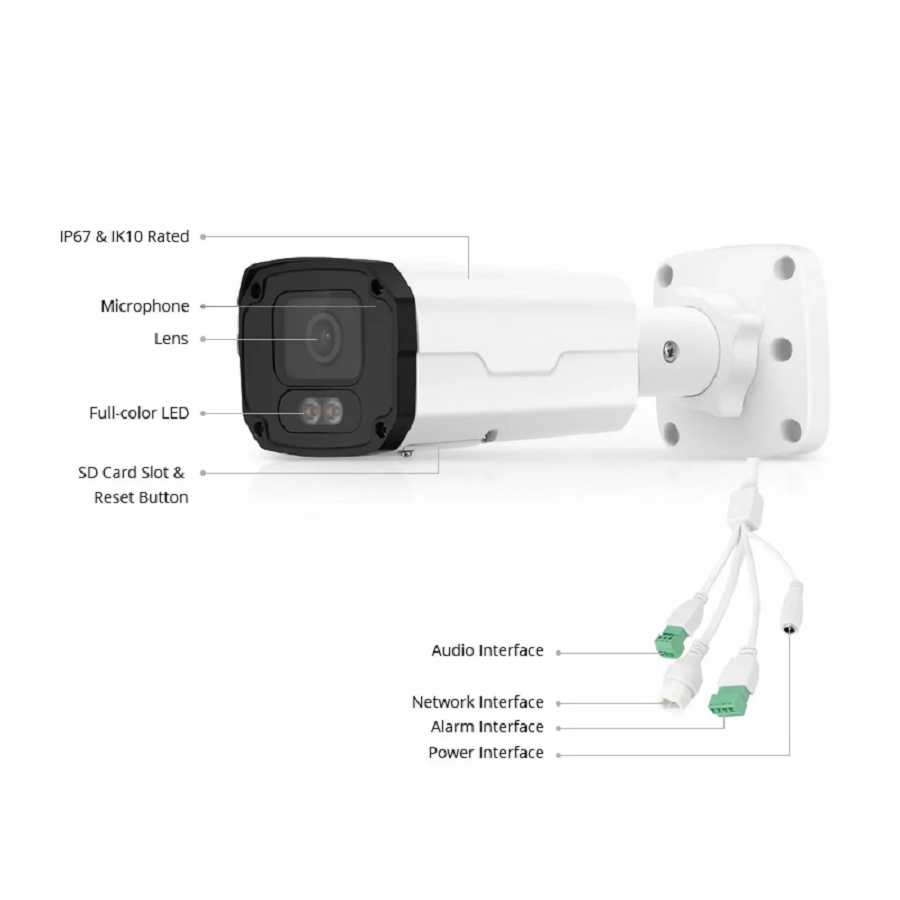IPC501-FC-8M-B, 8MP Bullet PoE Network Camera with Built-in Mic, 98ft Color Night Vision, 120dB True WDR, Smart Intrusion Prevention, IP67 & IK10 Rating, 4.0mm Fixed Lens