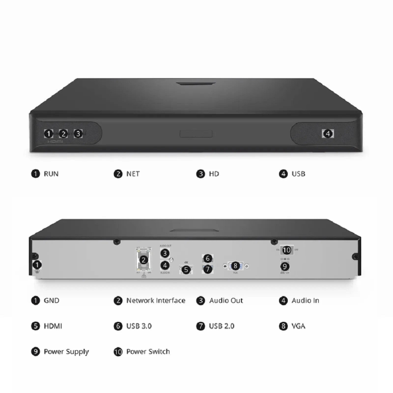 NVR102-9C, 9-Channel Network Video Recorder, Record 9CH 4K@30fps, Live View/Playback 2CH 4K@30fps, Supports up to 2x8TB Hard Drive (Not Included)