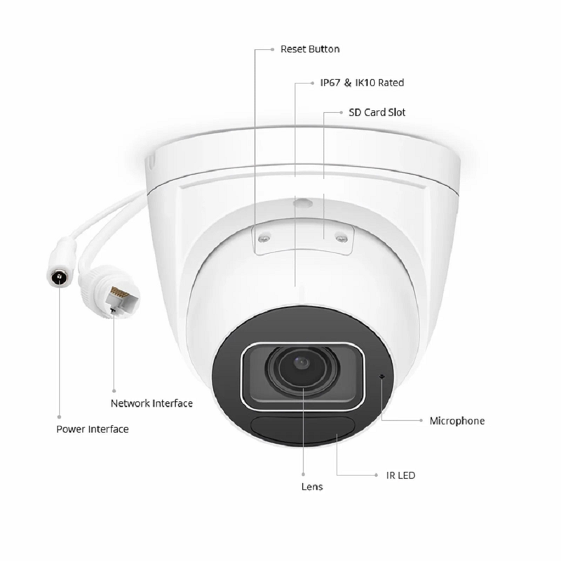 IPC304-8M-T Turret Camera, with 2.8 ~ 12mm Varifocal Lens, 8MP Resolution, Built-in Mic, 131ft Night Vision, Smart Intrusion Prevention, IP67 & IK10 PoE Network Camera